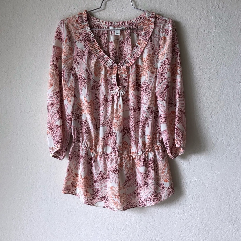 Banana Republic Floral Silk Pleated Neck Blouse XS